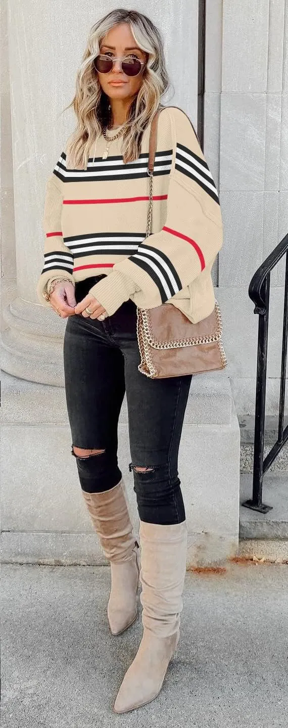 ETCYY Womens Sweaters Fall 2024 Batwing Long Sleeve Side Slit Knit Tops Crew Neck Striped Oversized Sweater Pullover Tops