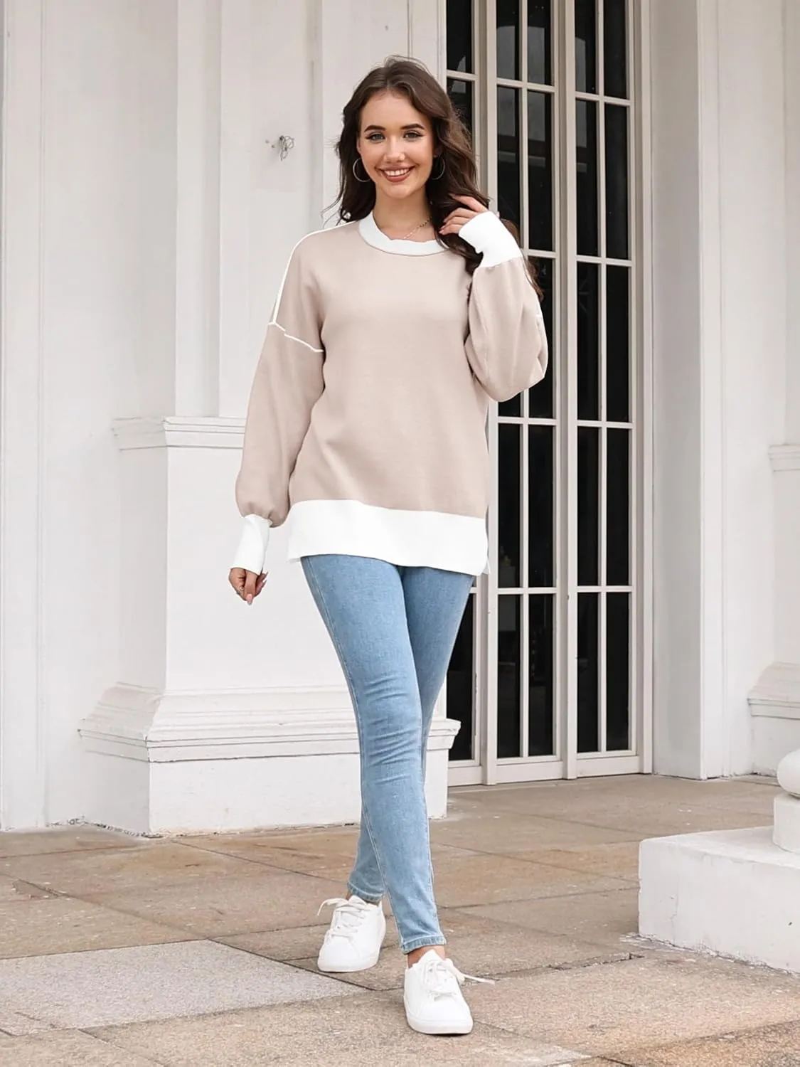 ETCYY Womens Sweaters Fall 2024 Batwing Long Sleeve Side Slit Knit Tops Crew Neck Striped Oversized Sweater Pullover Tops