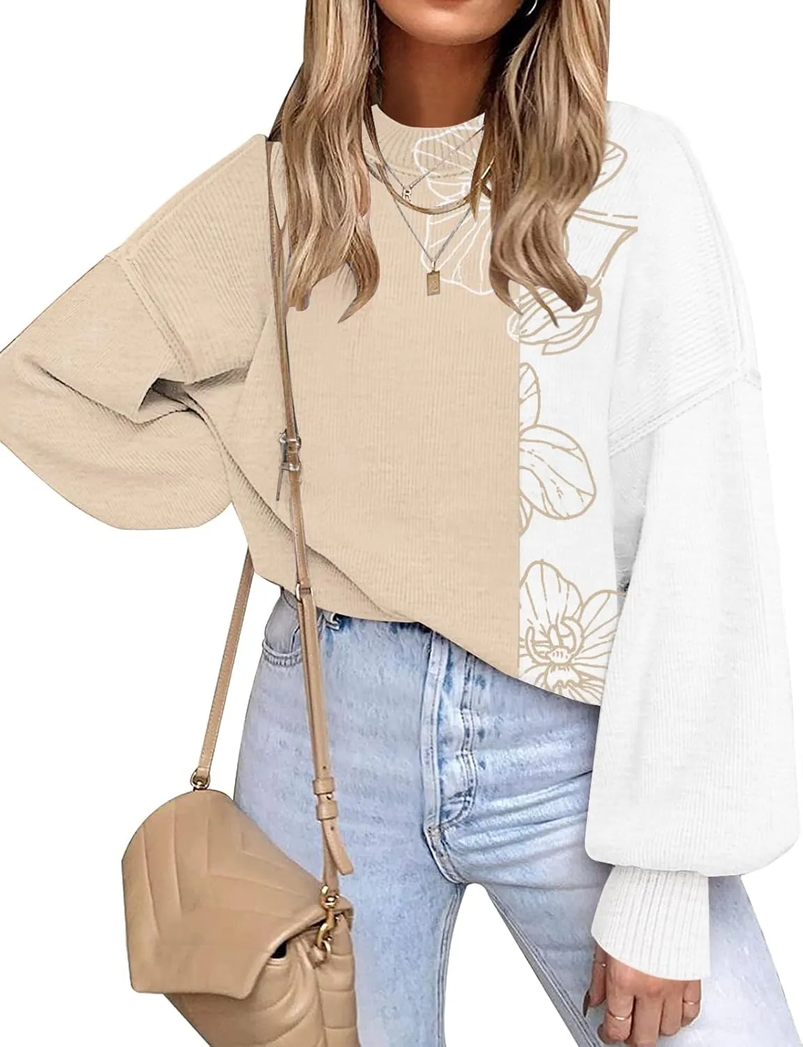 ETCYY Womens Sweaters Fall 2024 Batwing Long Sleeve Side Slit Knit Tops Crew Neck Striped Oversized Sweater Pullover Tops