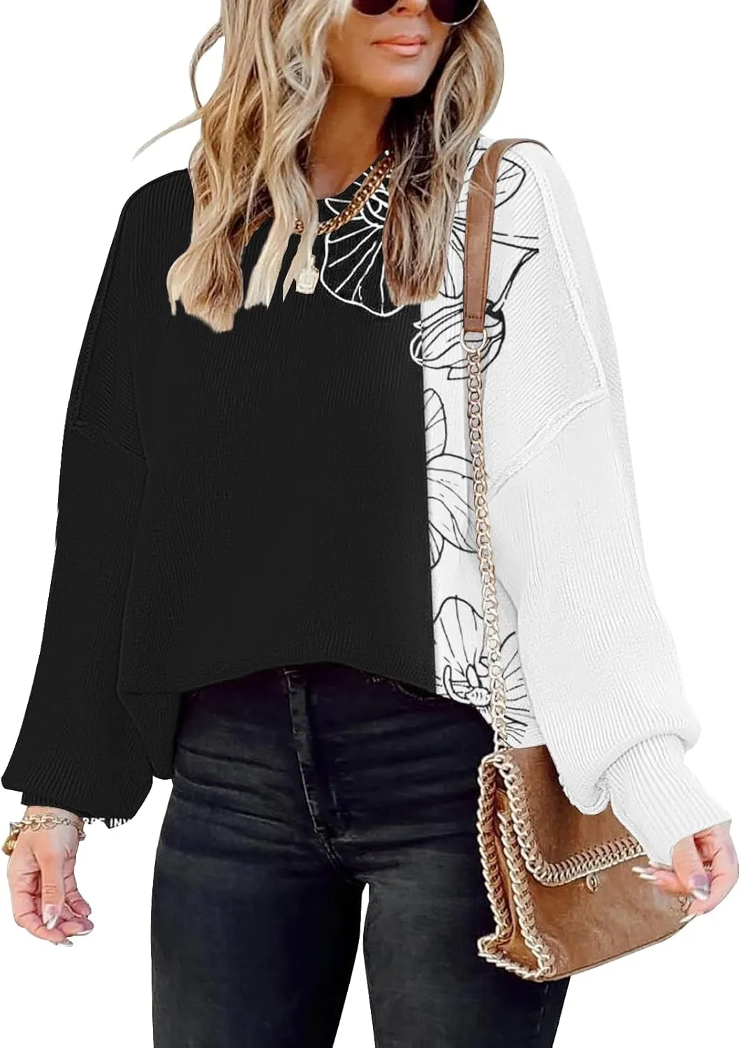 ETCYY Womens Sweaters Fall 2024 Batwing Long Sleeve Side Slit Knit Tops Crew Neck Striped Oversized Sweater Pullover Tops