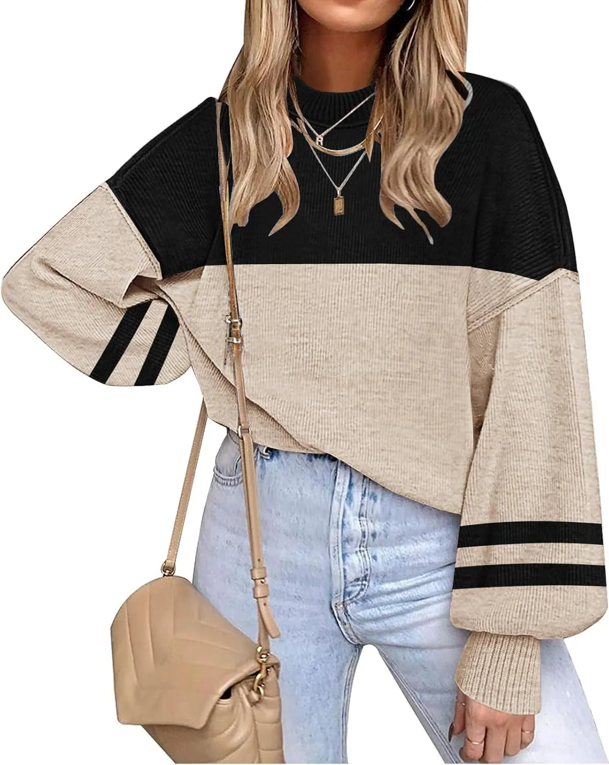 ETCYY Womens Sweaters Fall 2024 Batwing Long Sleeve Side Slit Knit Tops Crew Neck Striped Oversized Sweater Pullover Tops