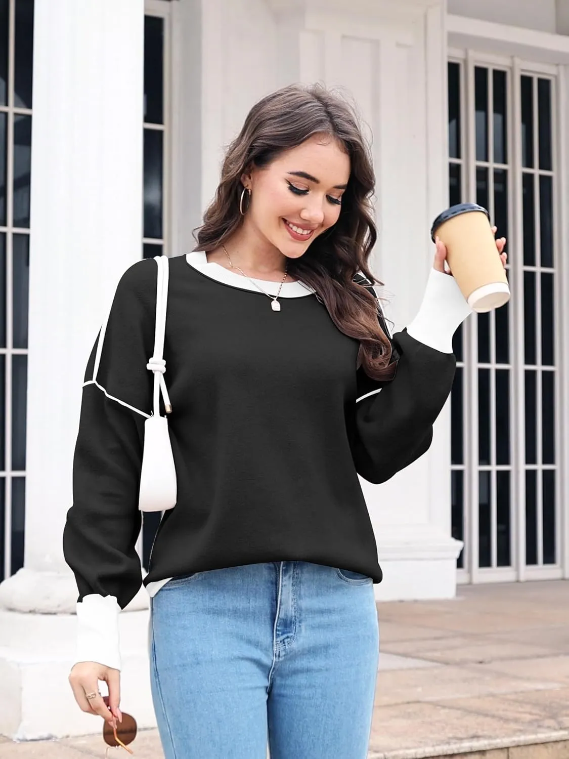 ETCYY Womens Sweaters Fall 2024 Batwing Long Sleeve Side Slit Knit Tops Crew Neck Striped Oversized Sweater Pullover Tops