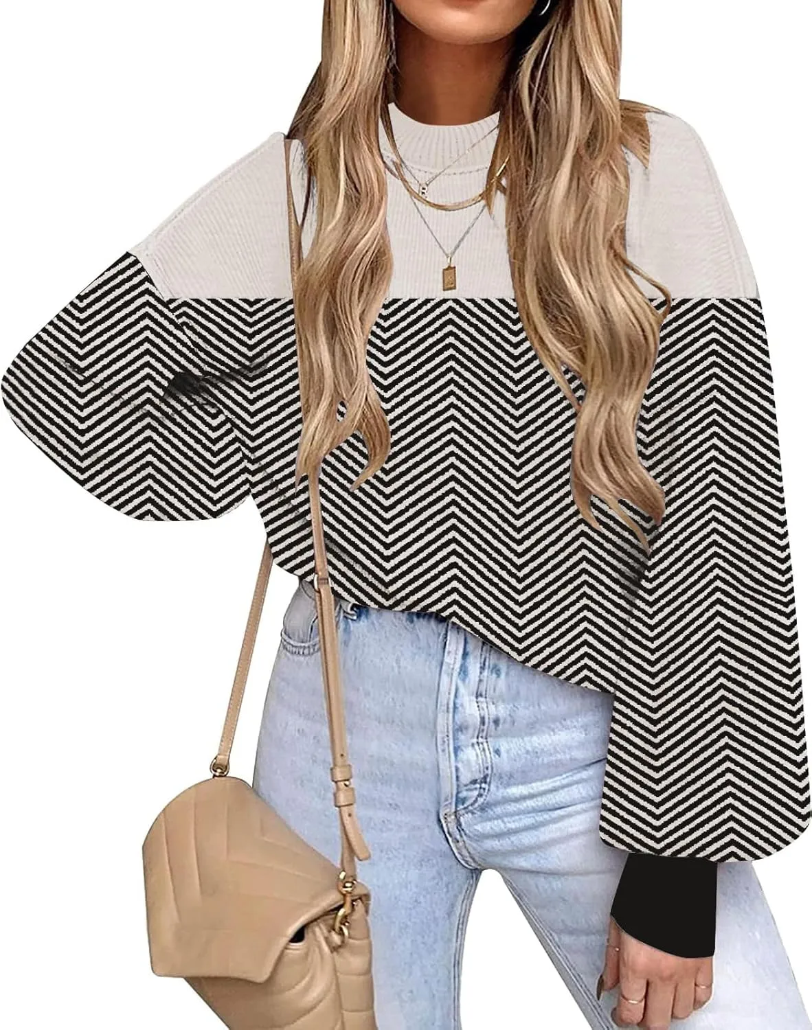 ETCYY Womens Sweaters Fall 2024 Batwing Long Sleeve Side Slit Knit Tops Crew Neck Striped Oversized Sweater Pullover Tops