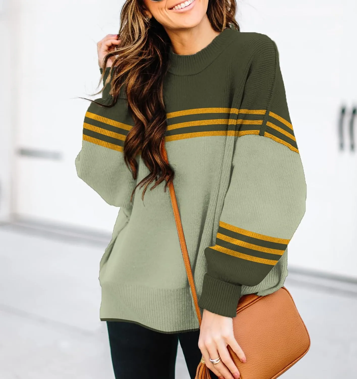 ETCYY Womens Sweaters Fall 2024 Batwing Long Sleeve Side Slit Knit Tops Crew Neck Striped Oversized Sweater Pullover Tops