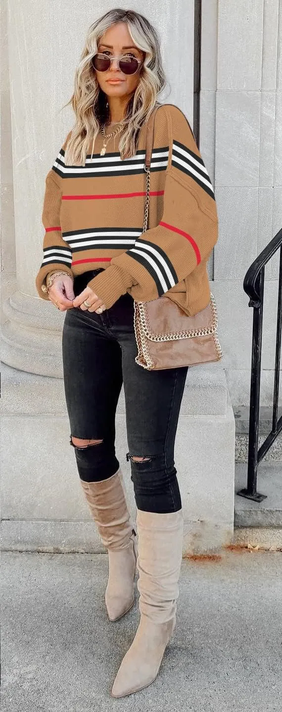 ETCYY Womens Sweaters Fall 2024 Batwing Long Sleeve Side Slit Knit Tops Crew Neck Striped Oversized Sweater Pullover Tops