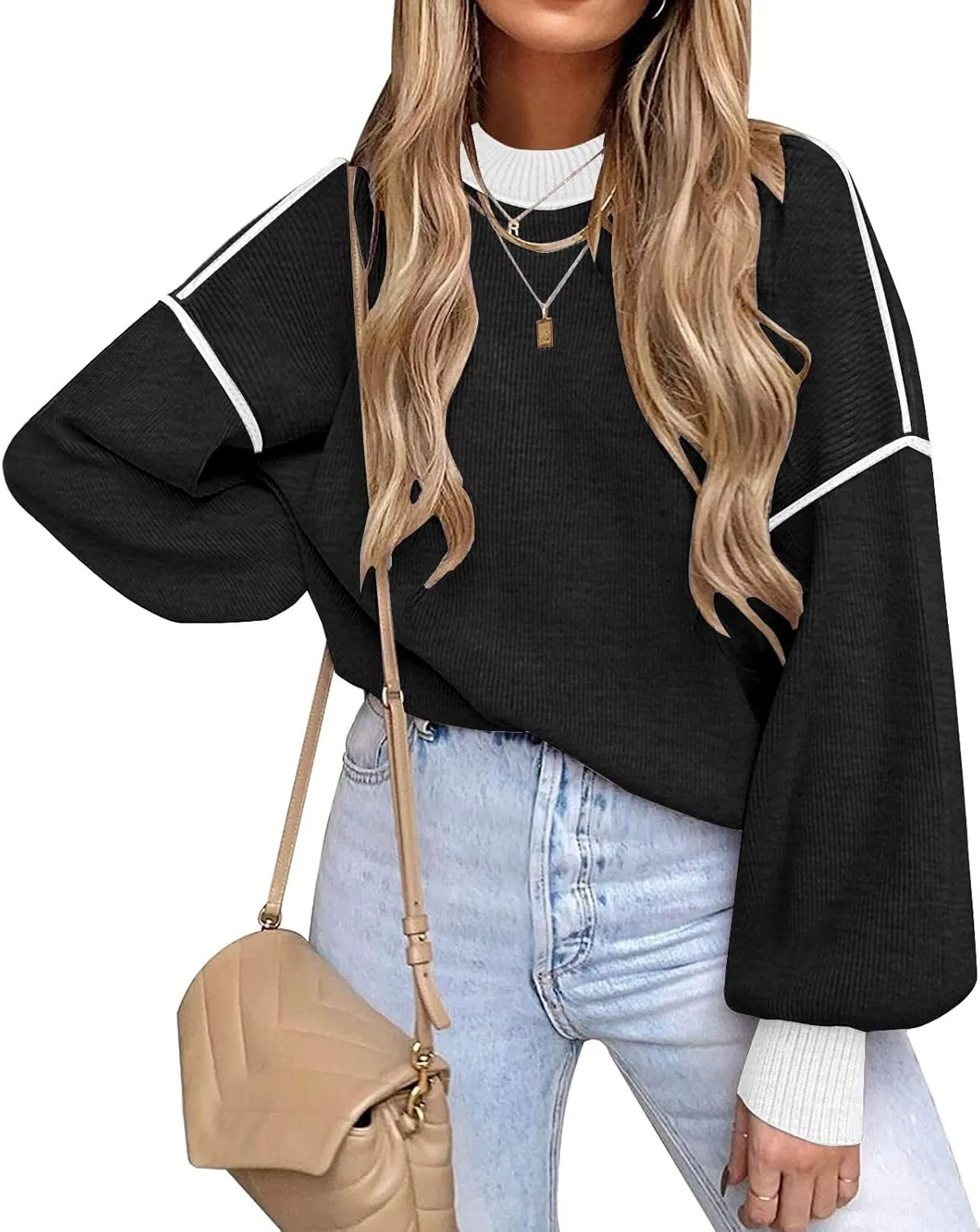ETCYY Womens Sweaters Fall 2024 Batwing Long Sleeve Side Slit Knit Tops Crew Neck Striped Oversized Sweater Pullover Tops