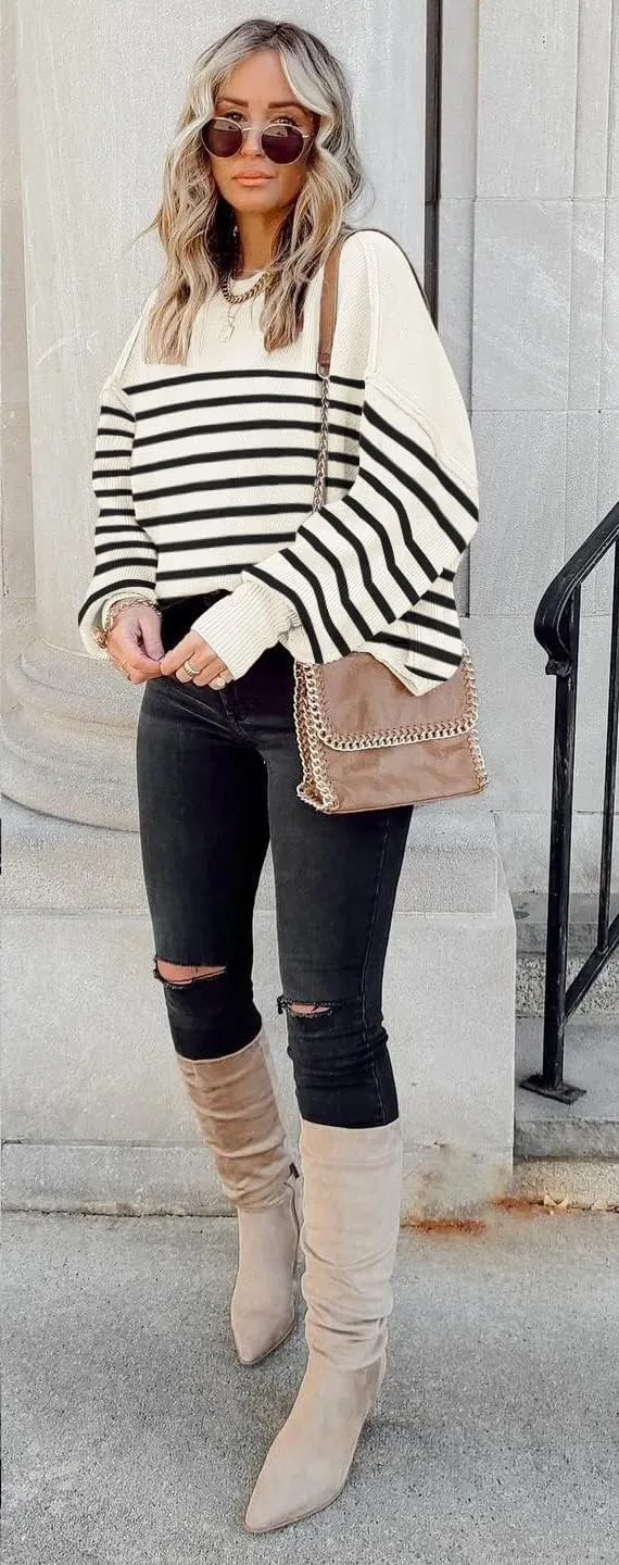 ETCYY Womens Sweaters Fall 2024 Batwing Long Sleeve Side Slit Knit Tops Crew Neck Striped Oversized Sweater Pullover Tops