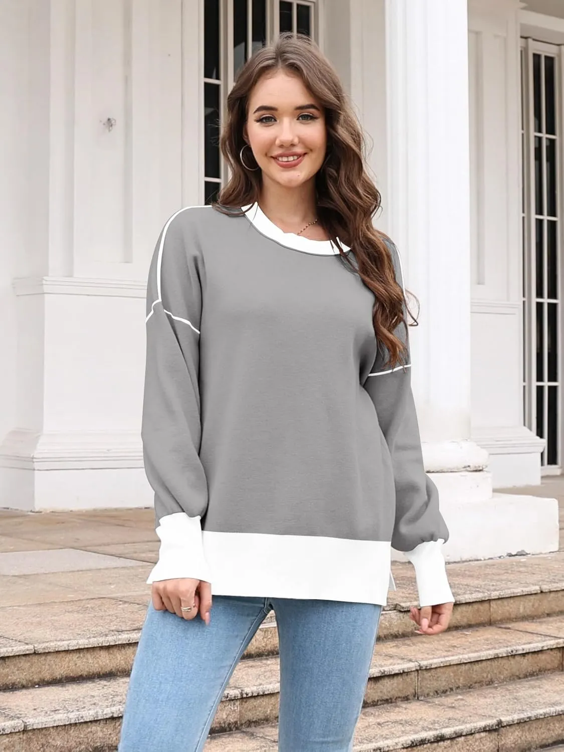 ETCYY Womens Sweaters Fall 2024 Batwing Long Sleeve Side Slit Knit Tops Crew Neck Striped Oversized Sweater Pullover Tops