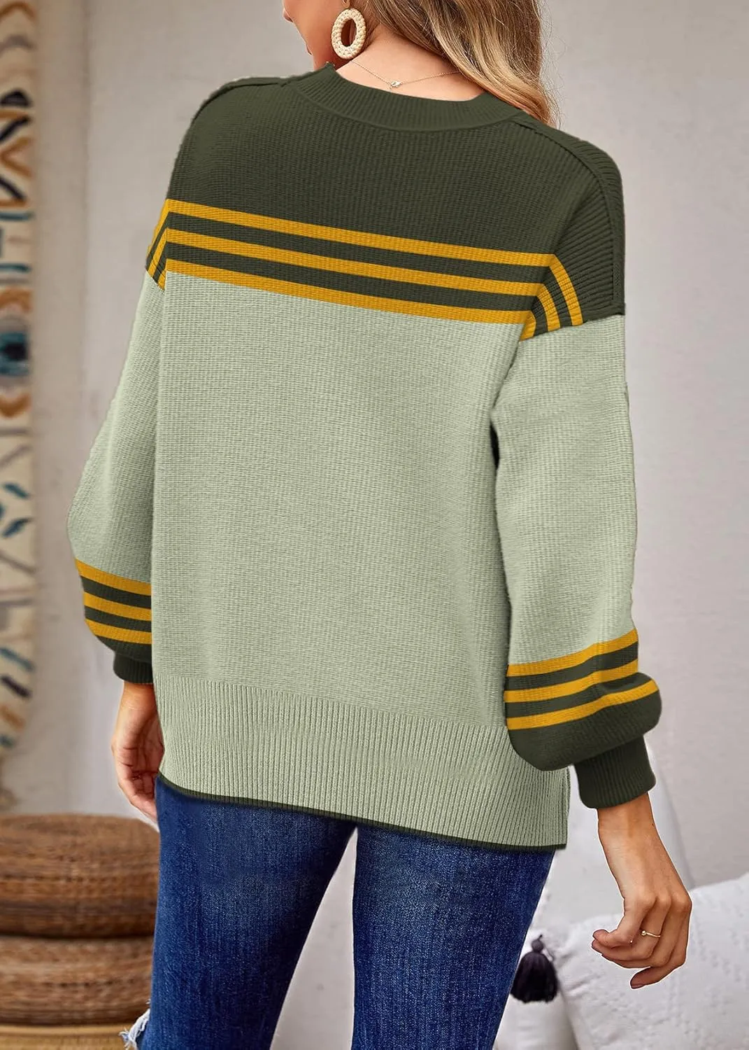 ETCYY Womens Sweaters Fall 2024 Batwing Long Sleeve Side Slit Knit Tops Crew Neck Striped Oversized Sweater Pullover Tops