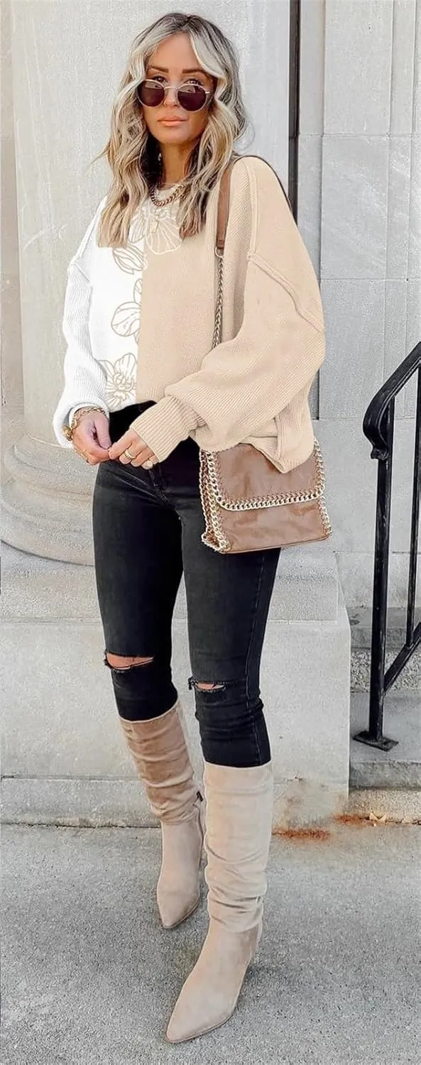 ETCYY Womens Sweaters Fall 2024 Batwing Long Sleeve Side Slit Knit Tops Crew Neck Striped Oversized Sweater Pullover Tops