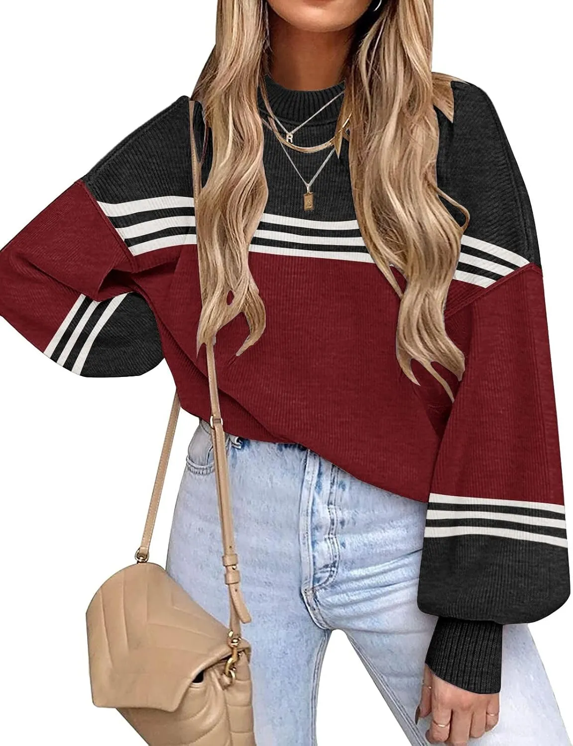 ETCYY Womens Sweaters Fall 2024 Batwing Long Sleeve Side Slit Knit Tops Crew Neck Striped Oversized Sweater Pullover Tops