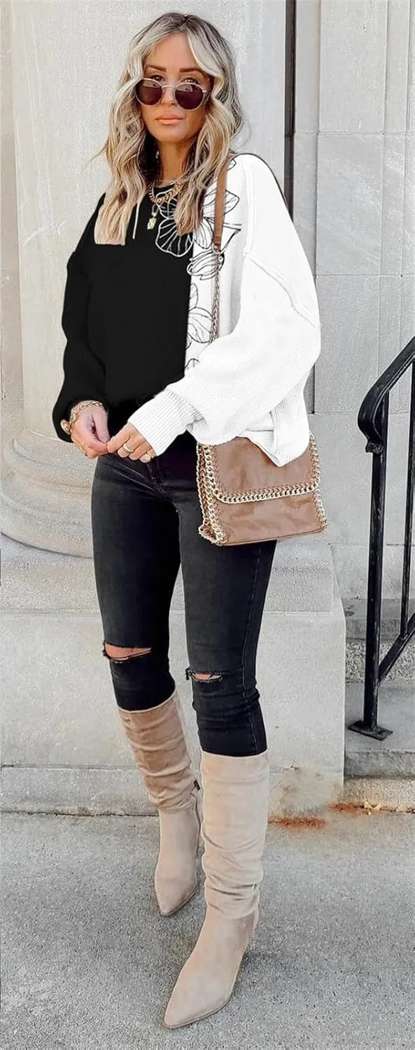 ETCYY Womens Sweaters Fall 2024 Batwing Long Sleeve Side Slit Knit Tops Crew Neck Striped Oversized Sweater Pullover Tops