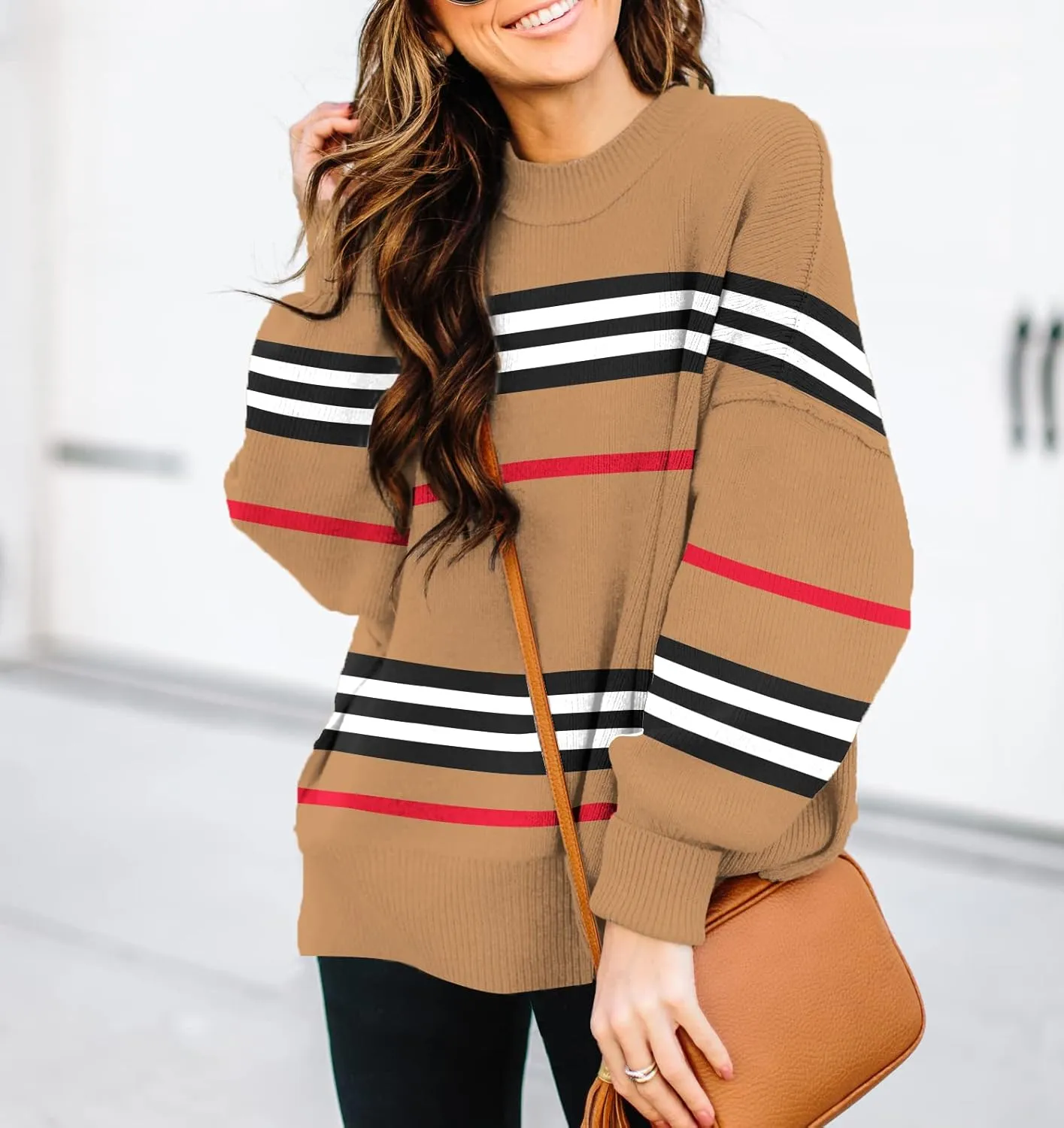 ETCYY Womens Sweaters Fall 2024 Batwing Long Sleeve Side Slit Knit Tops Crew Neck Striped Oversized Sweater Pullover Tops