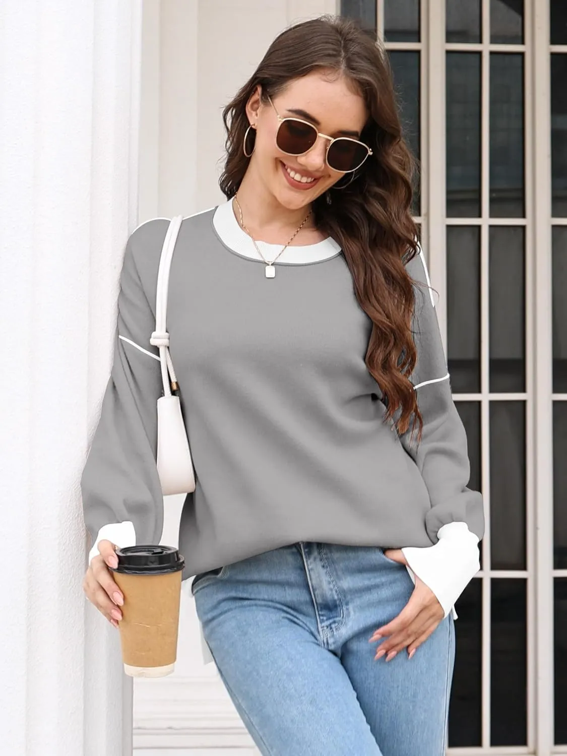ETCYY Womens Sweaters Fall 2024 Batwing Long Sleeve Side Slit Knit Tops Crew Neck Striped Oversized Sweater Pullover Tops