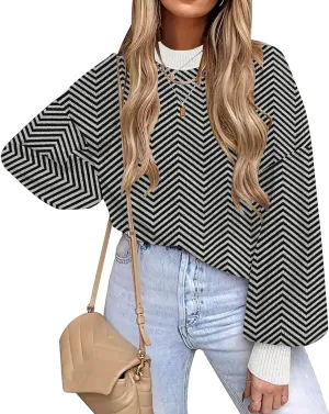 ETCYY Womens Sweaters Fall 2024 Batwing Long Sleeve Side Slit Knit Tops Crew Neck Striped Oversized Sweater Pullover Tops