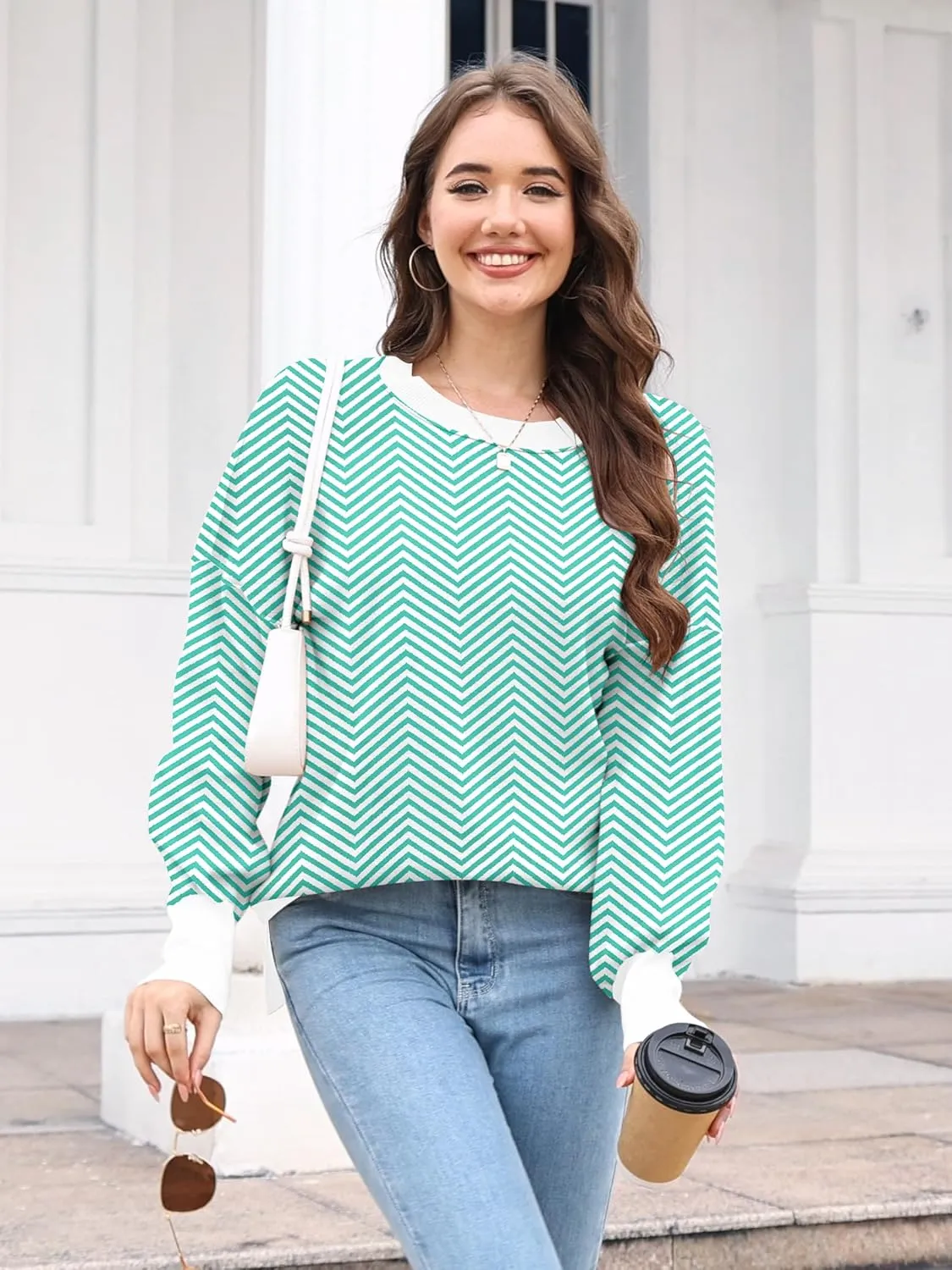 ETCYY Womens Sweaters Fall 2024 Batwing Long Sleeve Side Slit Knit Tops Crew Neck Striped Oversized Sweater Pullover Tops