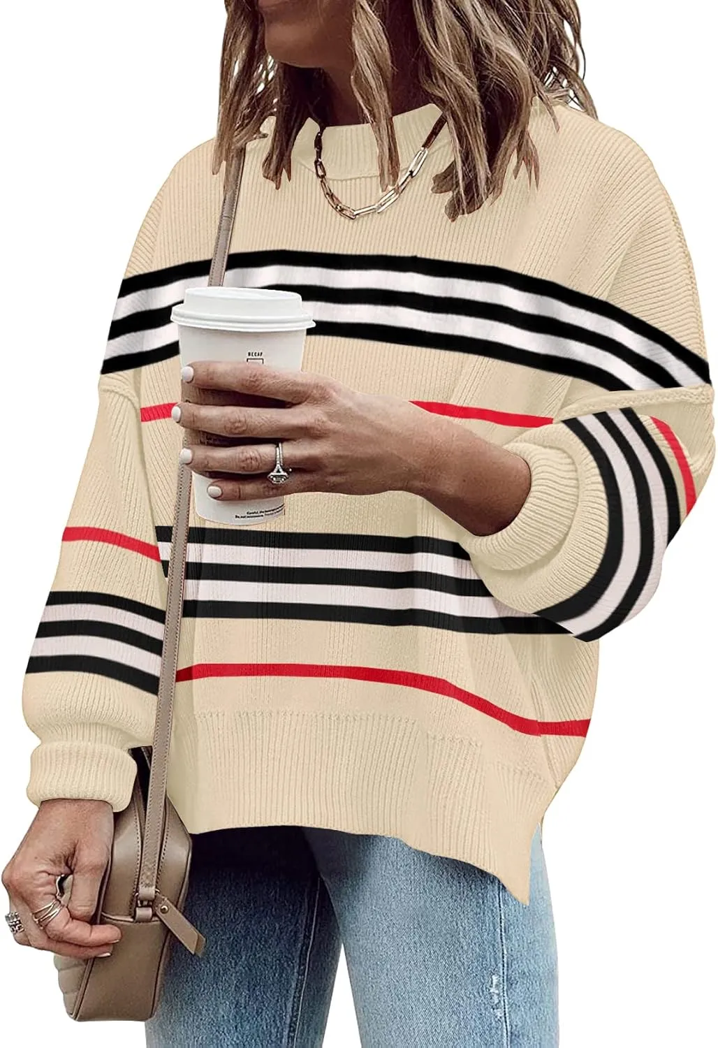 ETCYY Womens Sweaters Fall 2024 Batwing Long Sleeve Side Slit Knit Tops Crew Neck Striped Oversized Sweater Pullover Tops