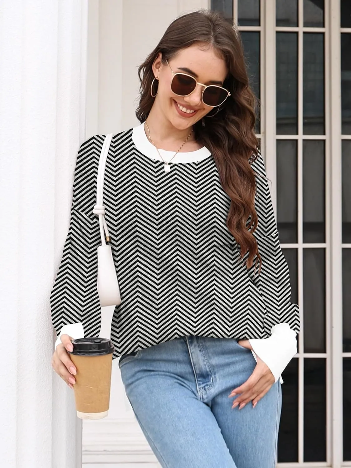 ETCYY Womens Sweaters Fall 2024 Batwing Long Sleeve Side Slit Knit Tops Crew Neck Striped Oversized Sweater Pullover Tops