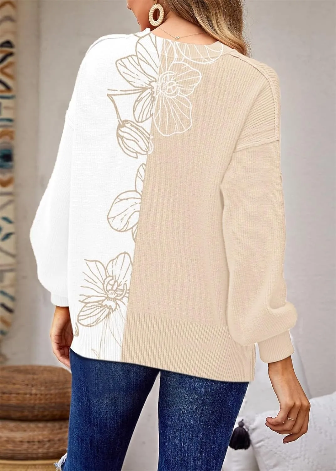 ETCYY Womens Sweaters Fall 2024 Batwing Long Sleeve Side Slit Knit Tops Crew Neck Striped Oversized Sweater Pullover Tops