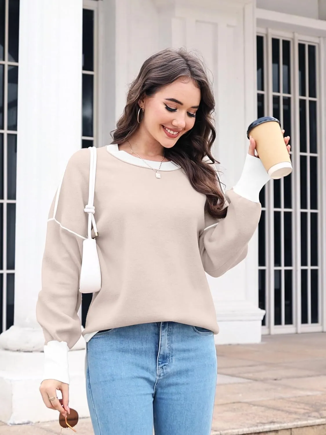 ETCYY Womens Sweaters Fall 2024 Batwing Long Sleeve Side Slit Knit Tops Crew Neck Striped Oversized Sweater Pullover Tops