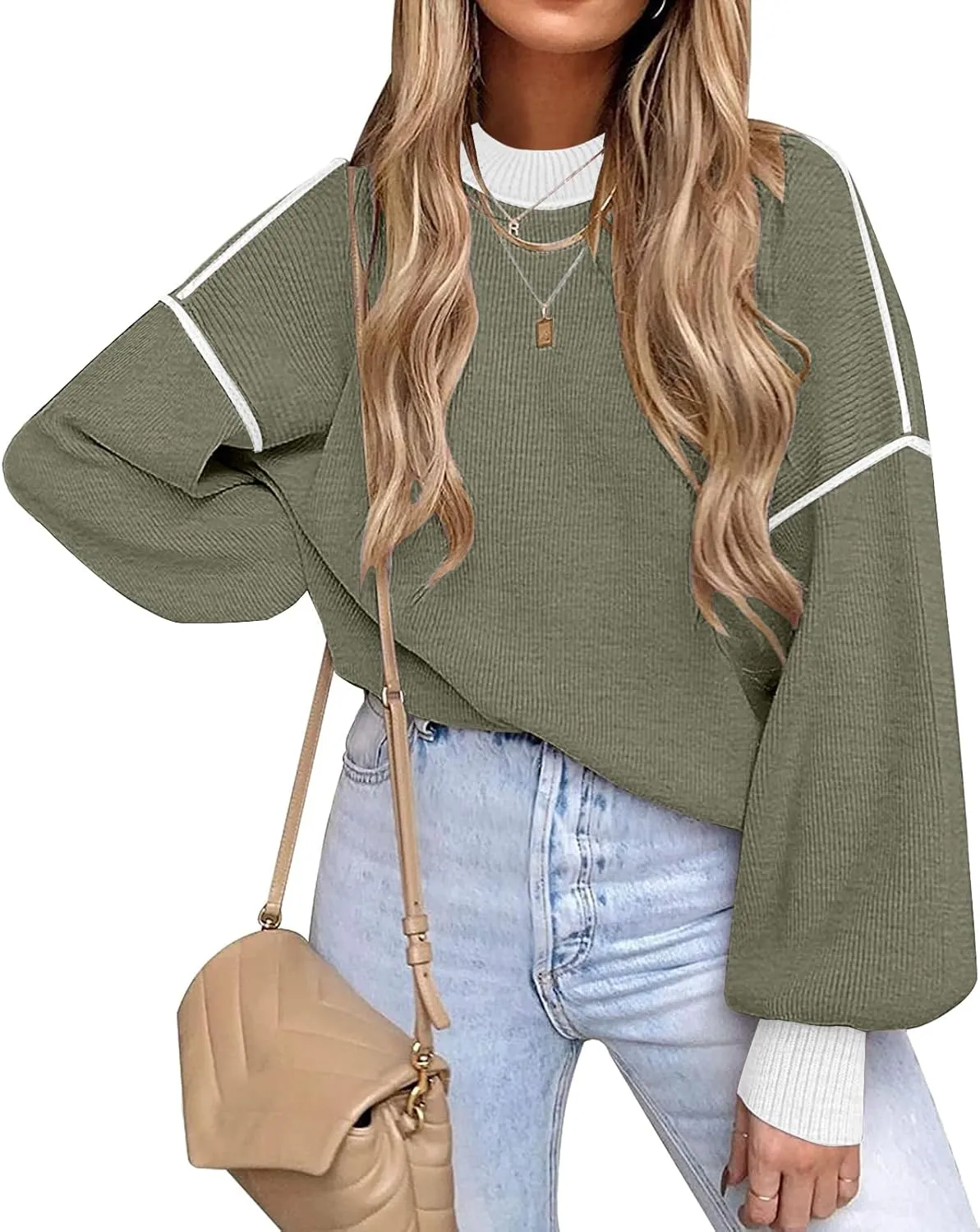 ETCYY Womens Sweaters Fall 2024 Batwing Long Sleeve Side Slit Knit Tops Crew Neck Striped Oversized Sweater Pullover Tops