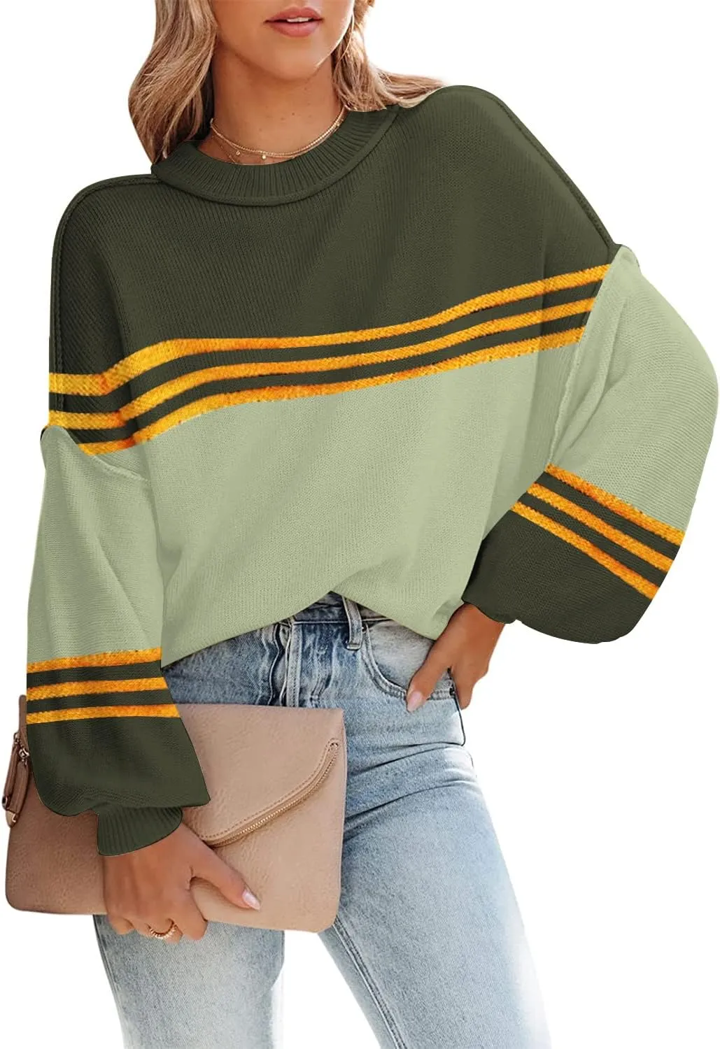 ETCYY Womens Sweaters Fall 2024 Batwing Long Sleeve Side Slit Knit Tops Crew Neck Striped Oversized Sweater Pullover Tops