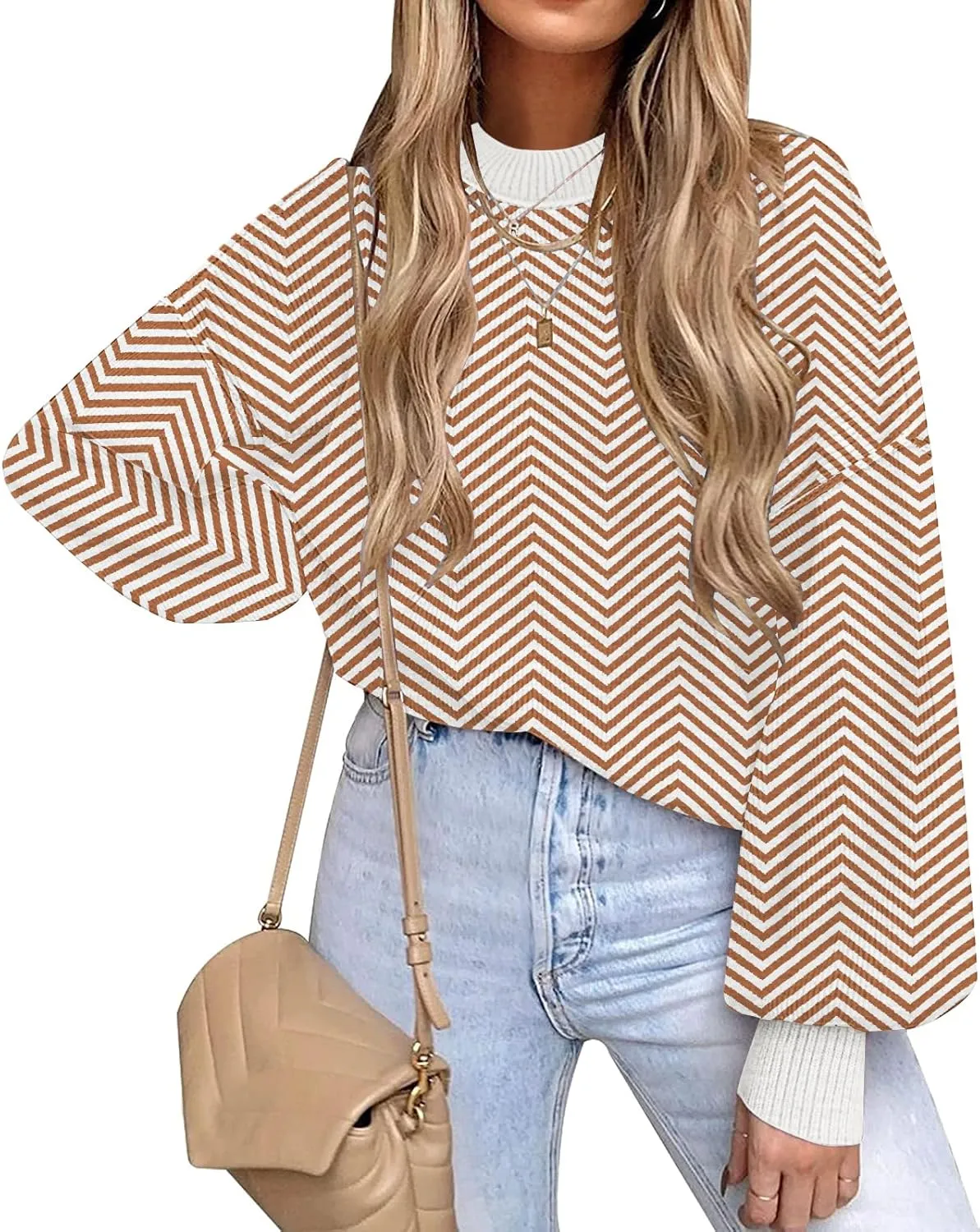 ETCYY Womens Sweaters Fall 2024 Batwing Long Sleeve Side Slit Knit Tops Crew Neck Striped Oversized Sweater Pullover Tops