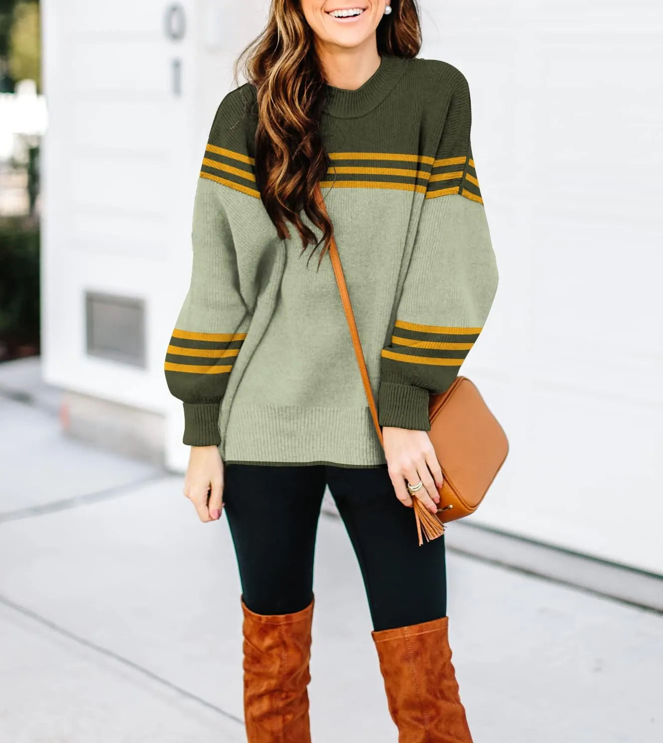 ETCYY Womens Sweaters Fall 2024 Batwing Long Sleeve Side Slit Knit Tops Crew Neck Striped Oversized Sweater Pullover Tops