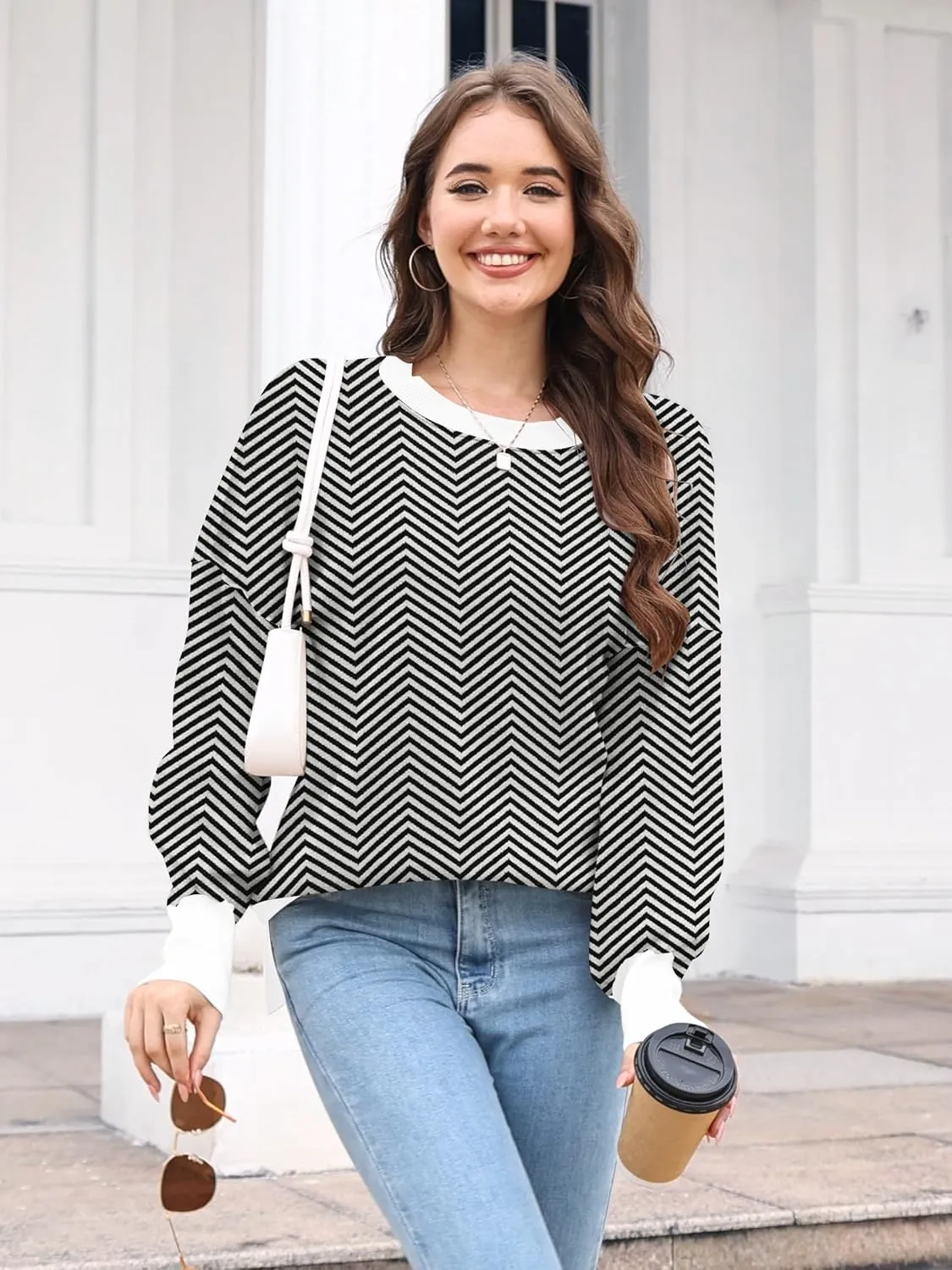 ETCYY Womens Sweaters Fall 2024 Batwing Long Sleeve Side Slit Knit Tops Crew Neck Striped Oversized Sweater Pullover Tops