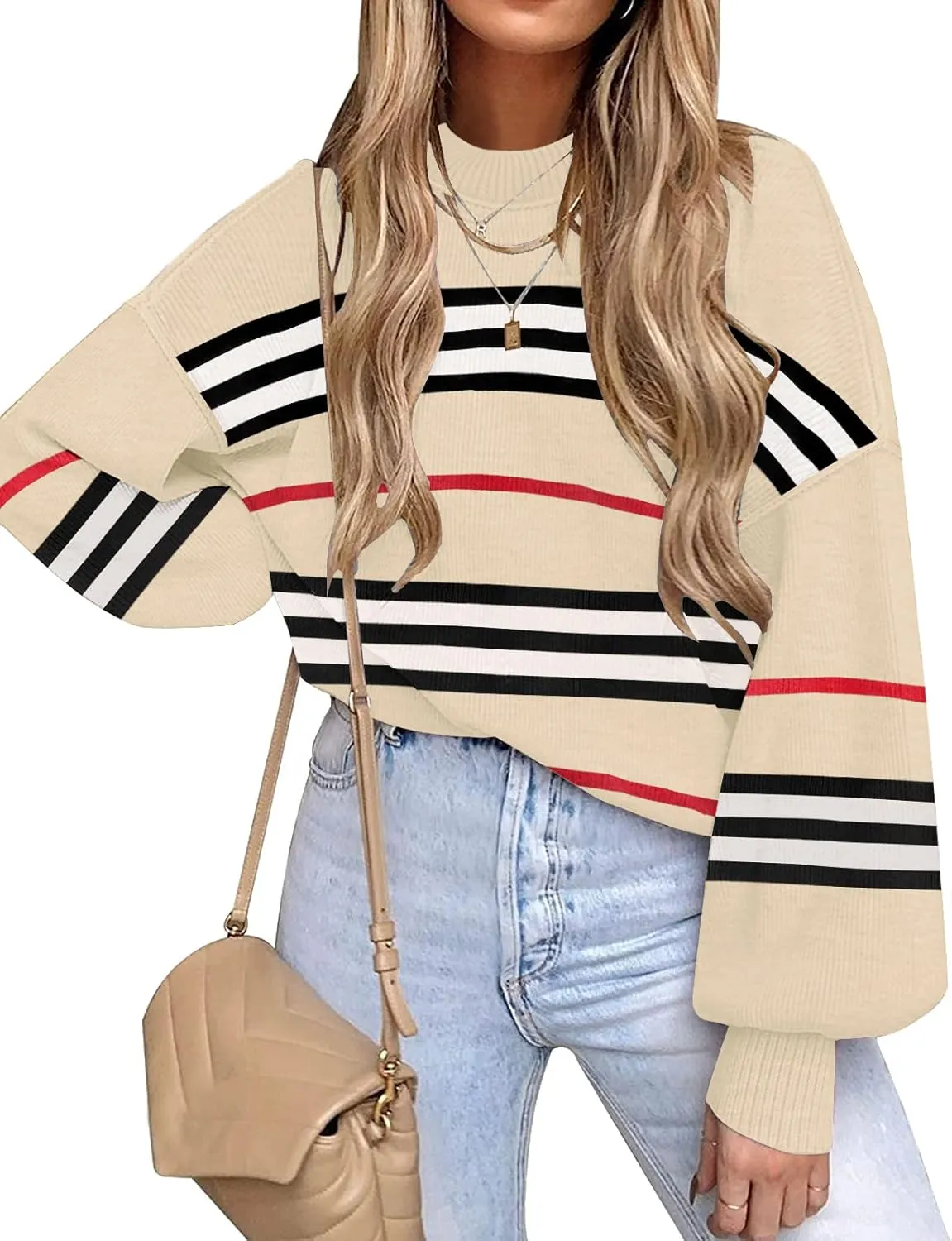 ETCYY Womens Sweaters Fall 2024 Batwing Long Sleeve Side Slit Knit Tops Crew Neck Striped Oversized Sweater Pullover Tops