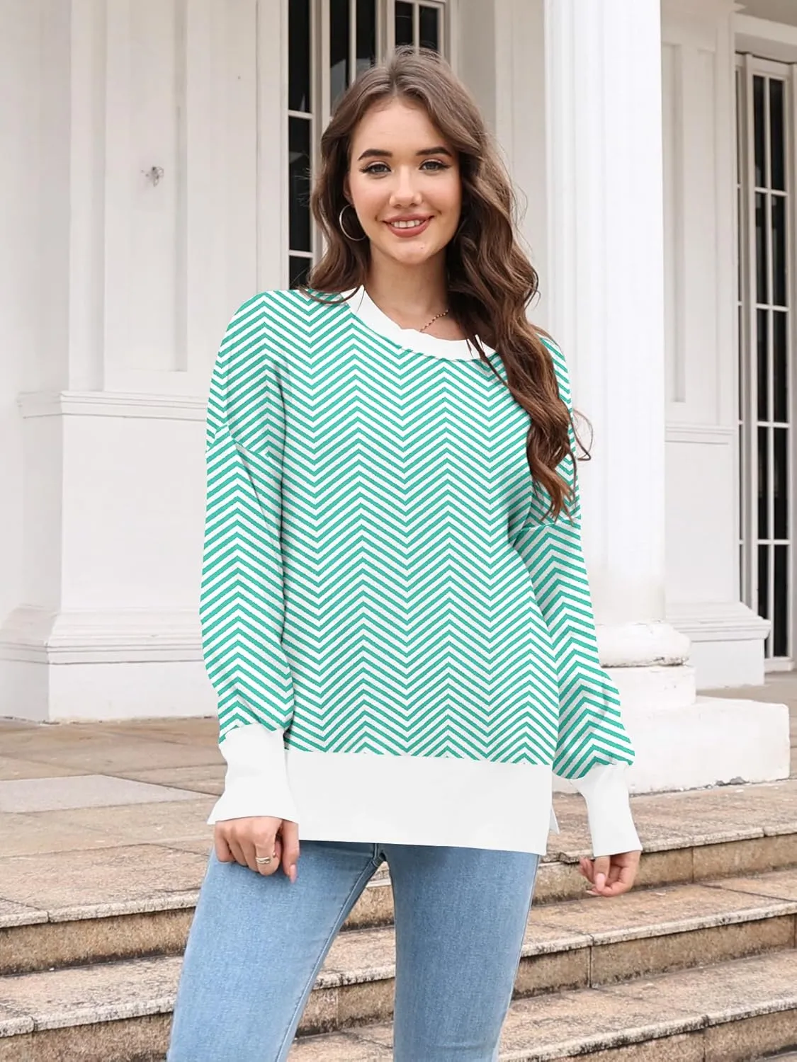 ETCYY Womens Sweaters Fall 2024 Batwing Long Sleeve Side Slit Knit Tops Crew Neck Striped Oversized Sweater Pullover Tops