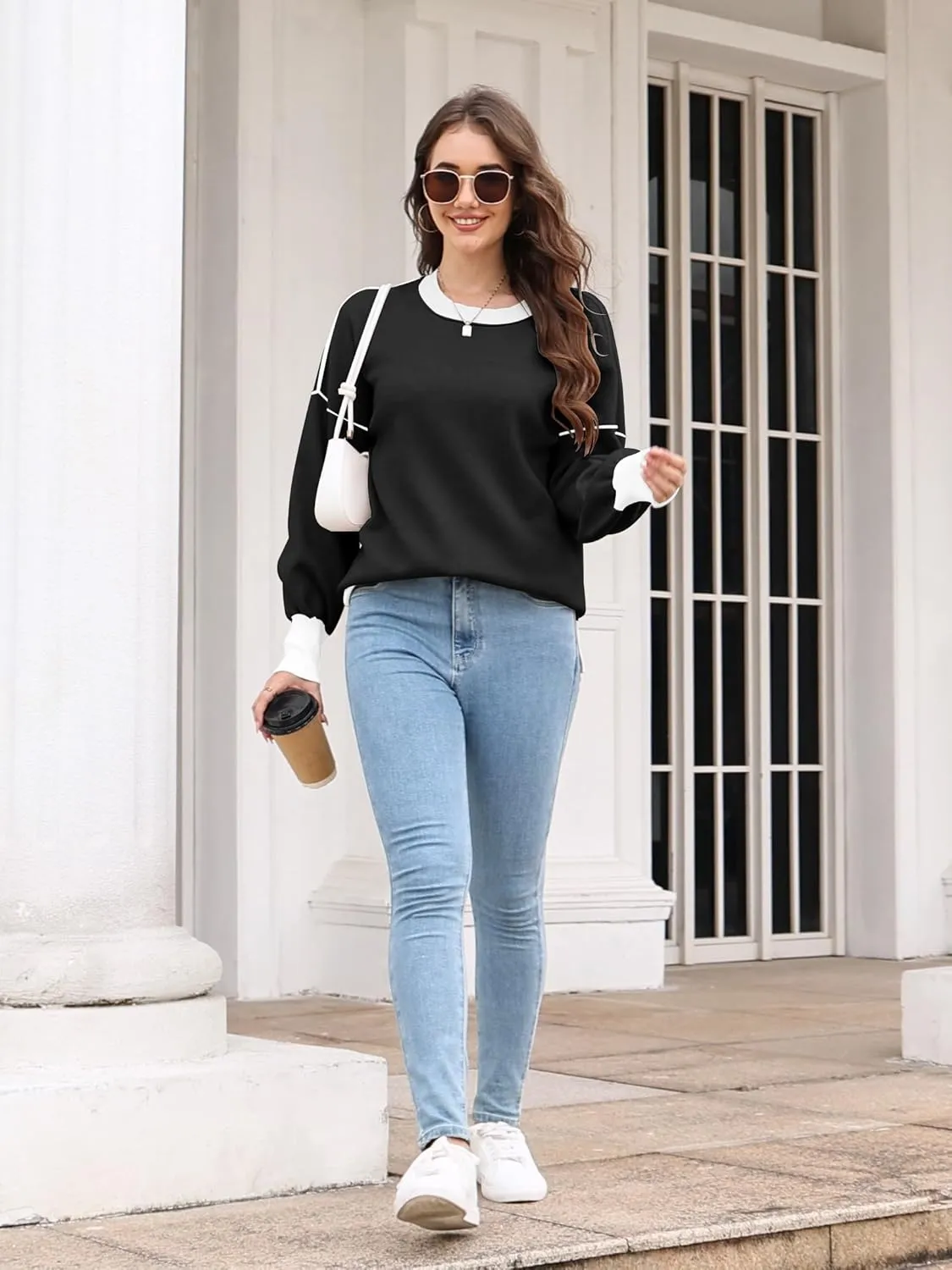 ETCYY Womens Sweaters Fall 2024 Batwing Long Sleeve Side Slit Knit Tops Crew Neck Striped Oversized Sweater Pullover Tops