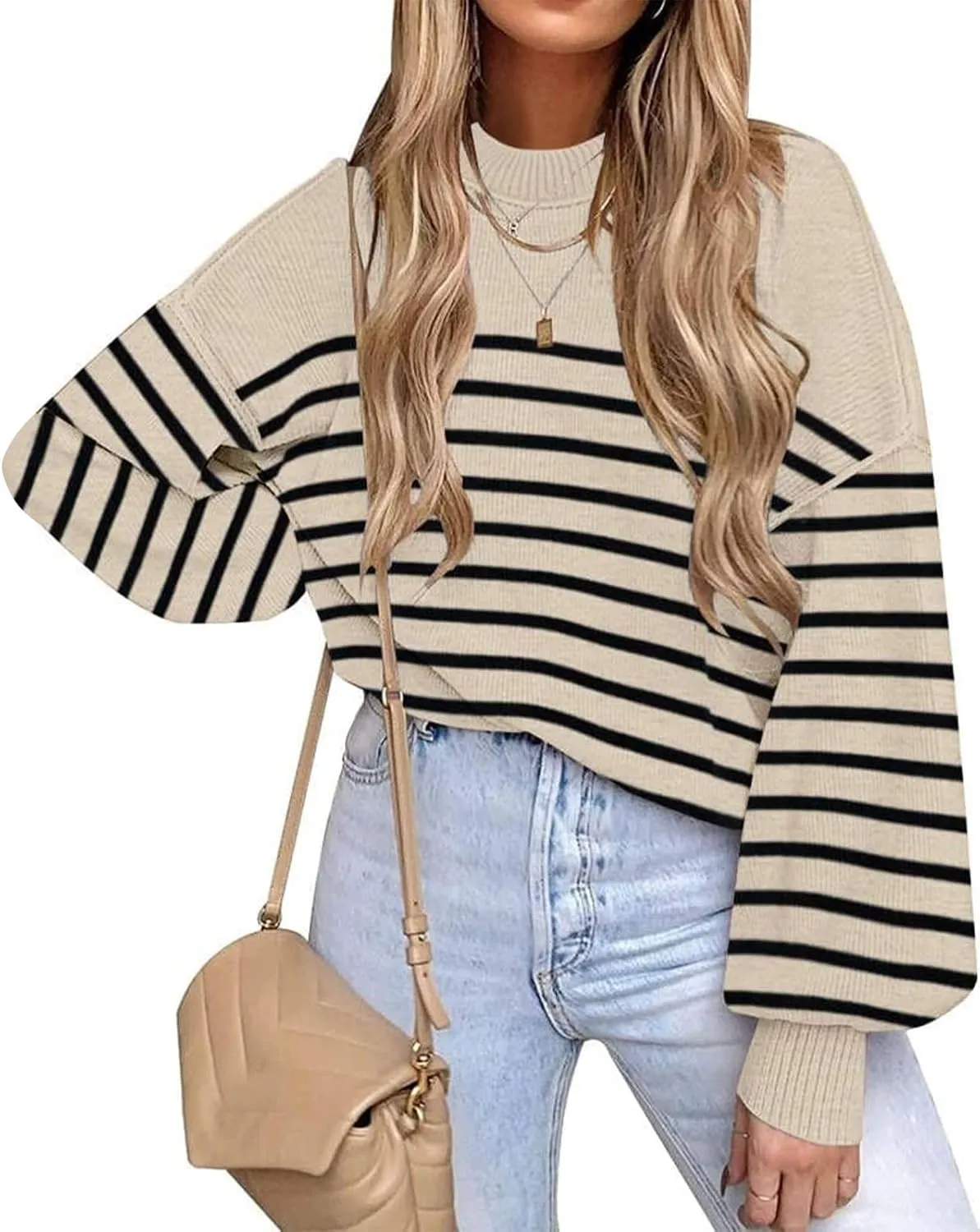 ETCYY Womens Sweaters Fall 2024 Batwing Long Sleeve Side Slit Knit Tops Crew Neck Striped Oversized Sweater Pullover Tops