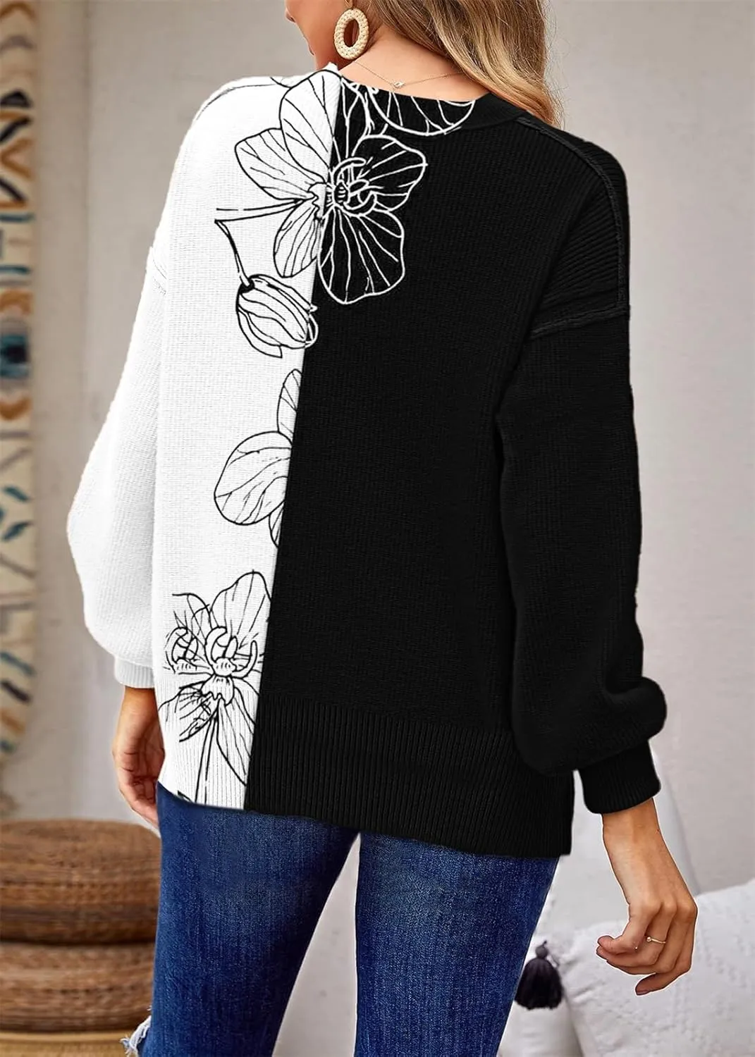 ETCYY Womens Sweaters Fall 2024 Batwing Long Sleeve Side Slit Knit Tops Crew Neck Striped Oversized Sweater Pullover Tops