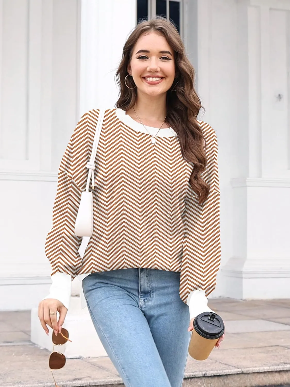 ETCYY Womens Sweaters Fall 2024 Batwing Long Sleeve Side Slit Knit Tops Crew Neck Striped Oversized Sweater Pullover Tops