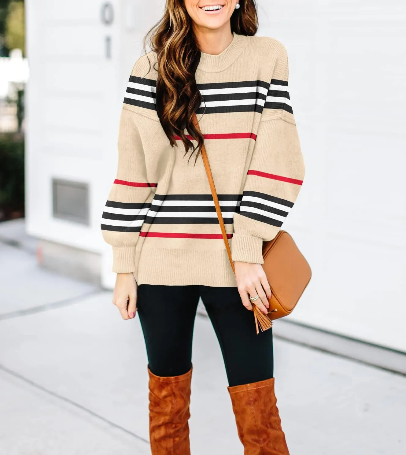ETCYY Womens Sweaters Fall 2024 Batwing Long Sleeve Side Slit Knit Tops Crew Neck Striped Oversized Sweater Pullover Tops