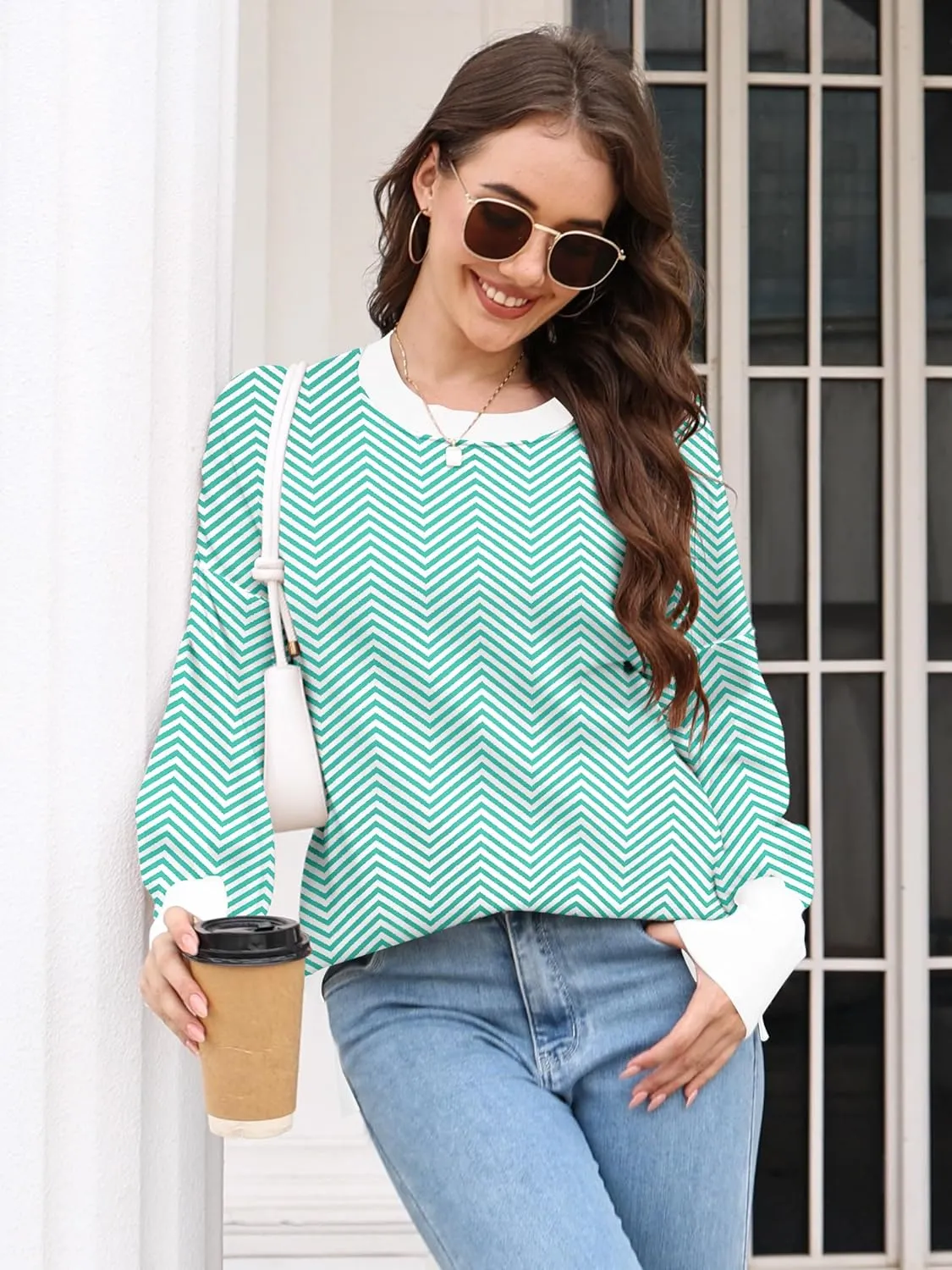 ETCYY Womens Sweaters Fall 2024 Batwing Long Sleeve Side Slit Knit Tops Crew Neck Striped Oversized Sweater Pullover Tops