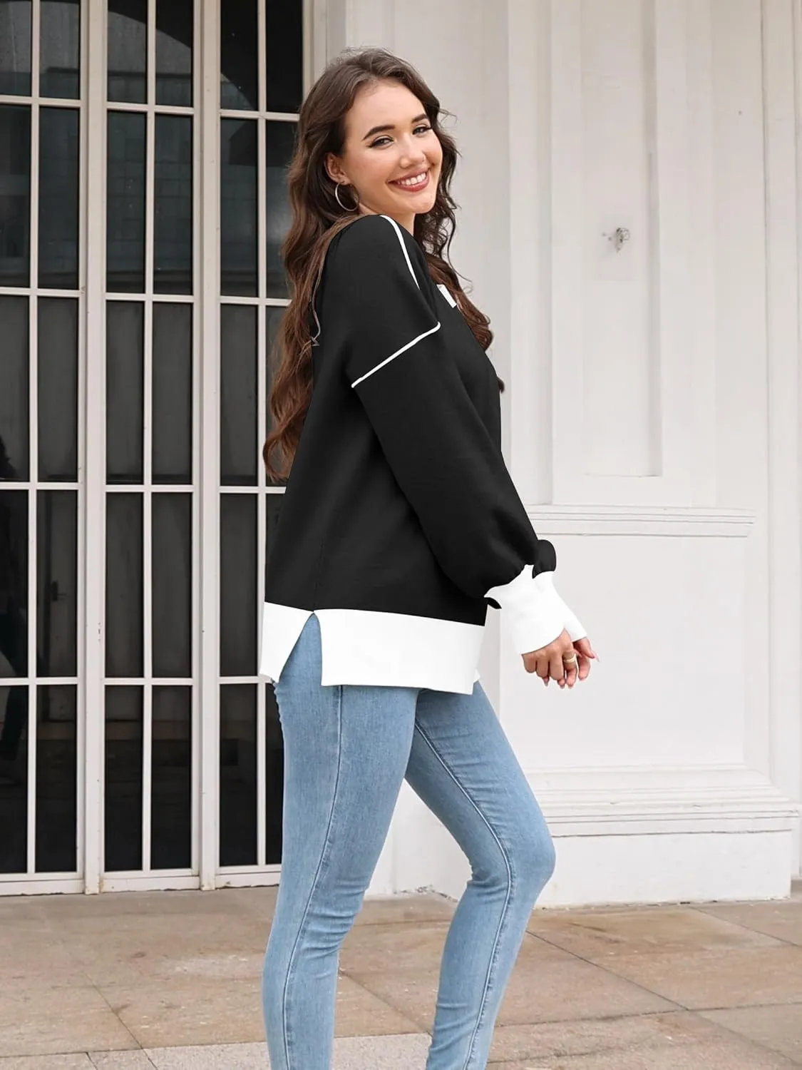 ETCYY Womens Sweaters Fall 2024 Batwing Long Sleeve Side Slit Knit Tops Crew Neck Striped Oversized Sweater Pullover Tops