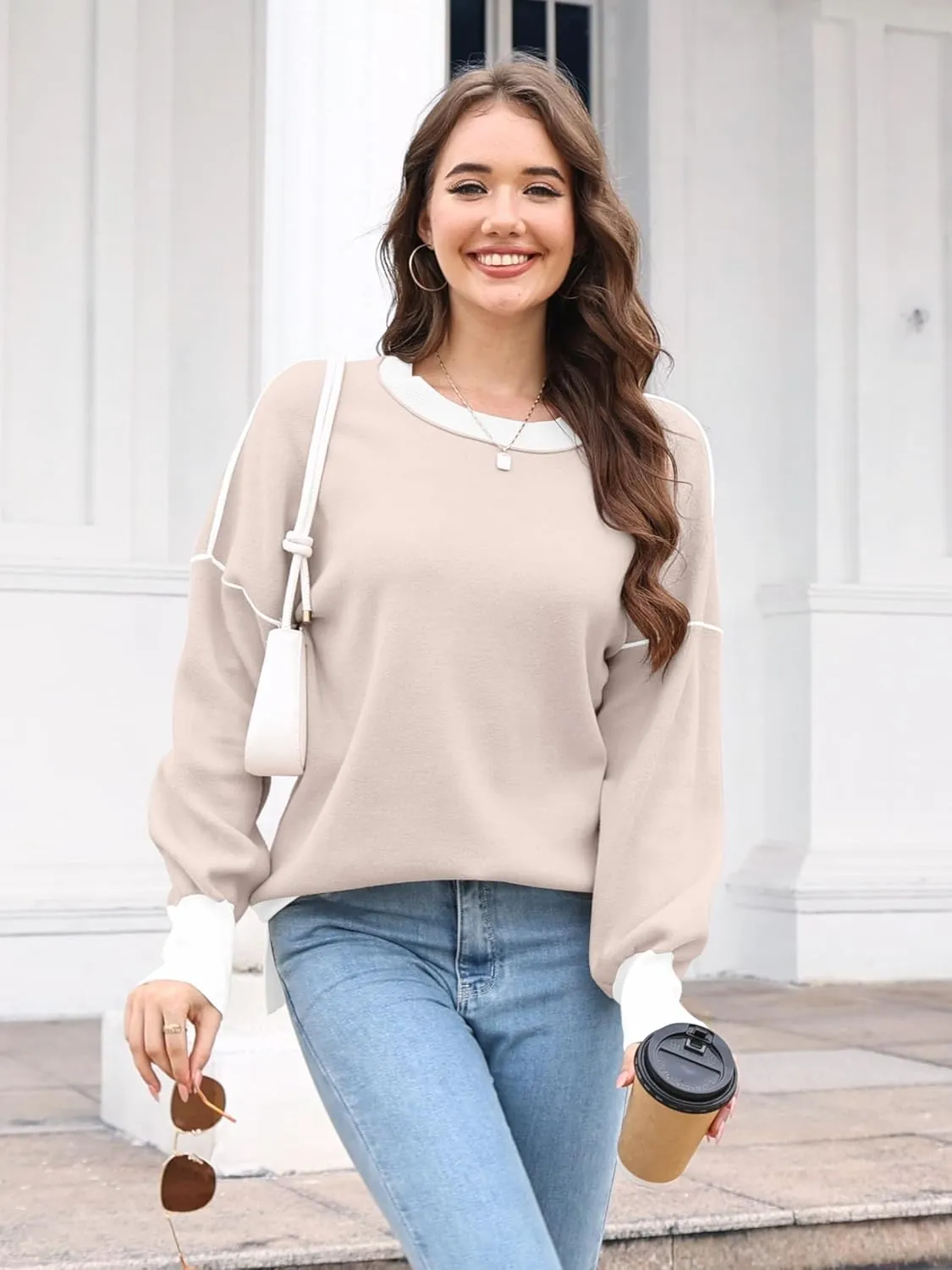 ETCYY Womens Sweaters Fall 2024 Batwing Long Sleeve Side Slit Knit Tops Crew Neck Striped Oversized Sweater Pullover Tops