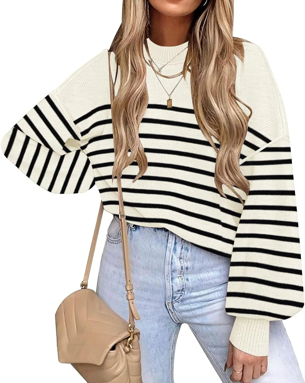 ETCYY Womens Sweaters Fall 2024 Batwing Long Sleeve Side Slit Knit Tops Crew Neck Striped Oversized Sweater Pullover Tops