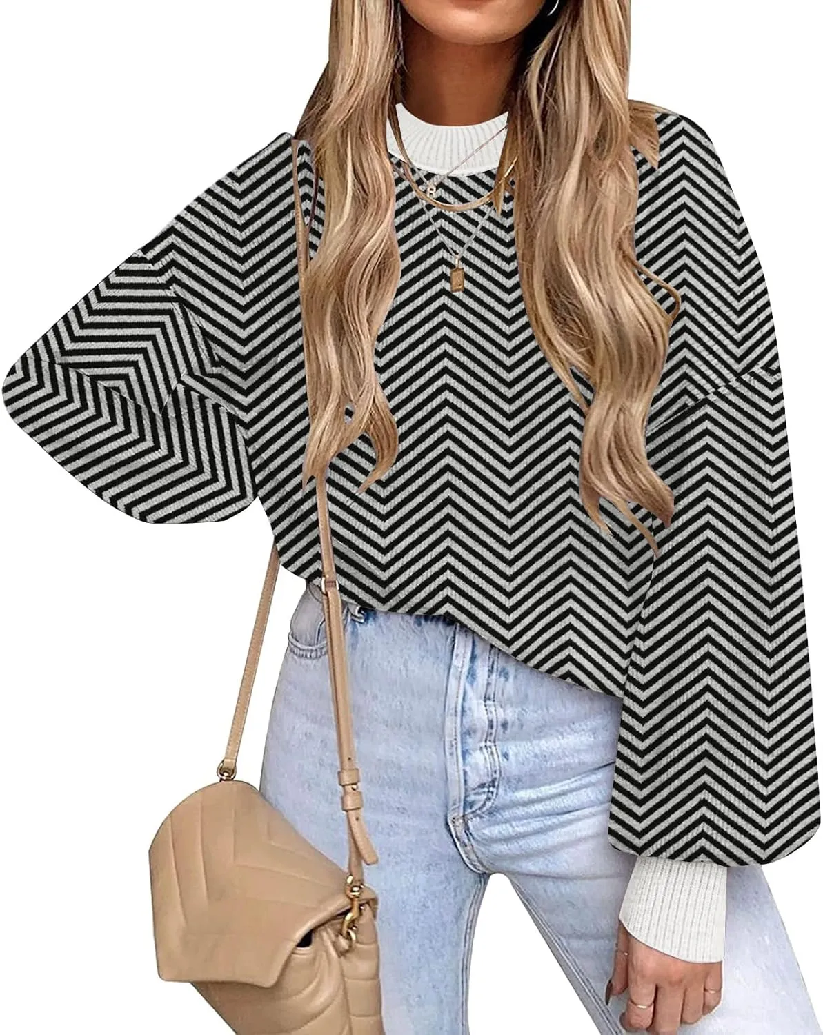 ETCYY Womens Sweaters Fall 2024 Batwing Long Sleeve Side Slit Knit Tops Crew Neck Striped Oversized Sweater Pullover Tops