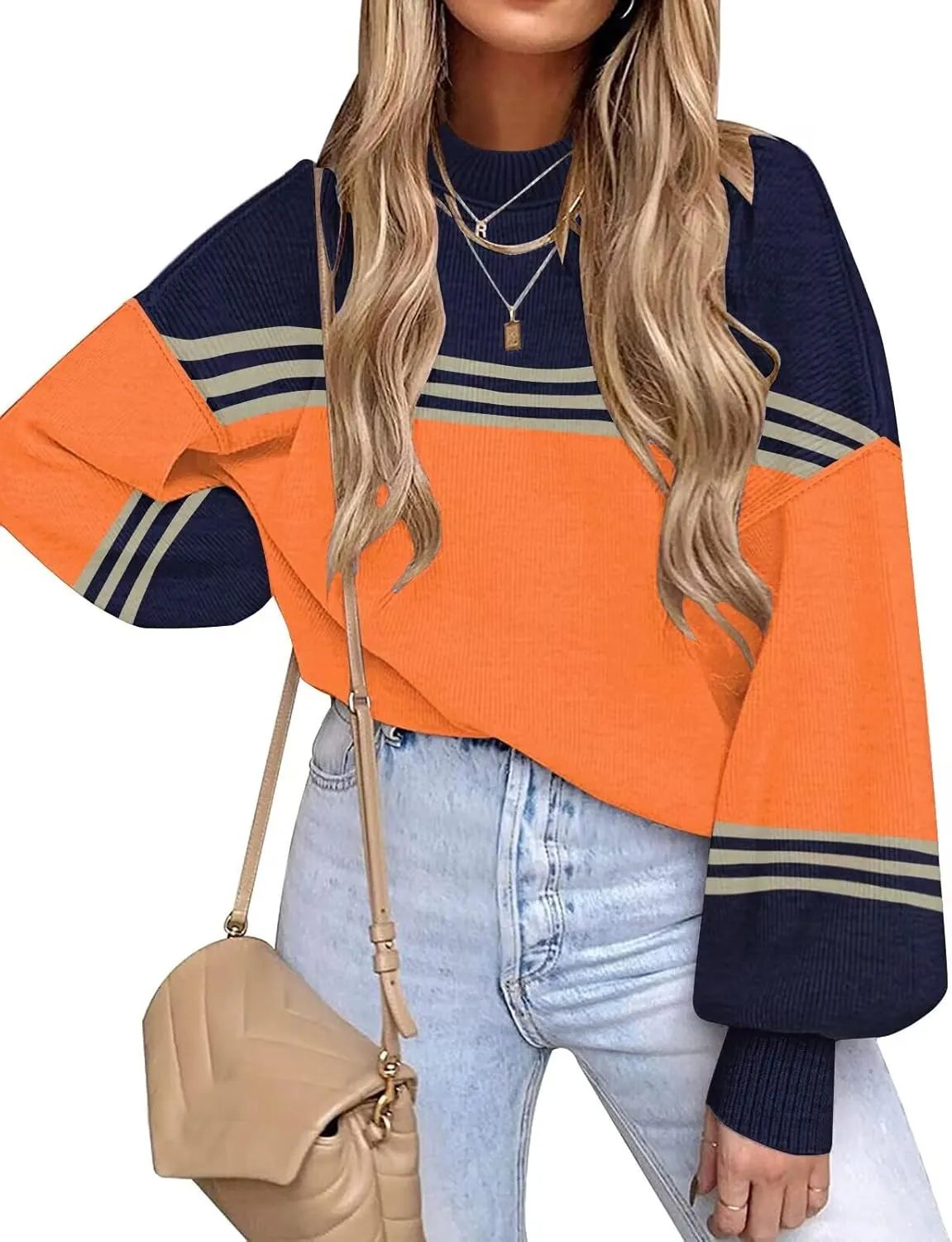 ETCYY Womens Sweaters Fall 2024 Batwing Long Sleeve Side Slit Knit Tops Crew Neck Striped Oversized Sweater Pullover Tops