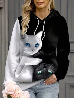 EZwear Women's Cat Print Hooded Long Sleeve Casual Sweatshirt