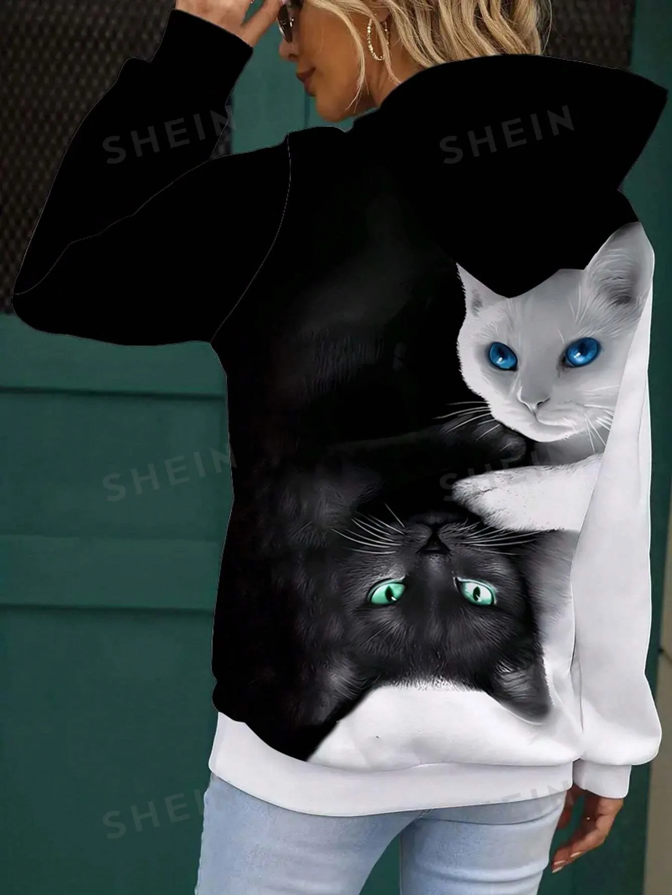 EZwear Women's Cat Print Hooded Long Sleeve Casual Sweatshirt