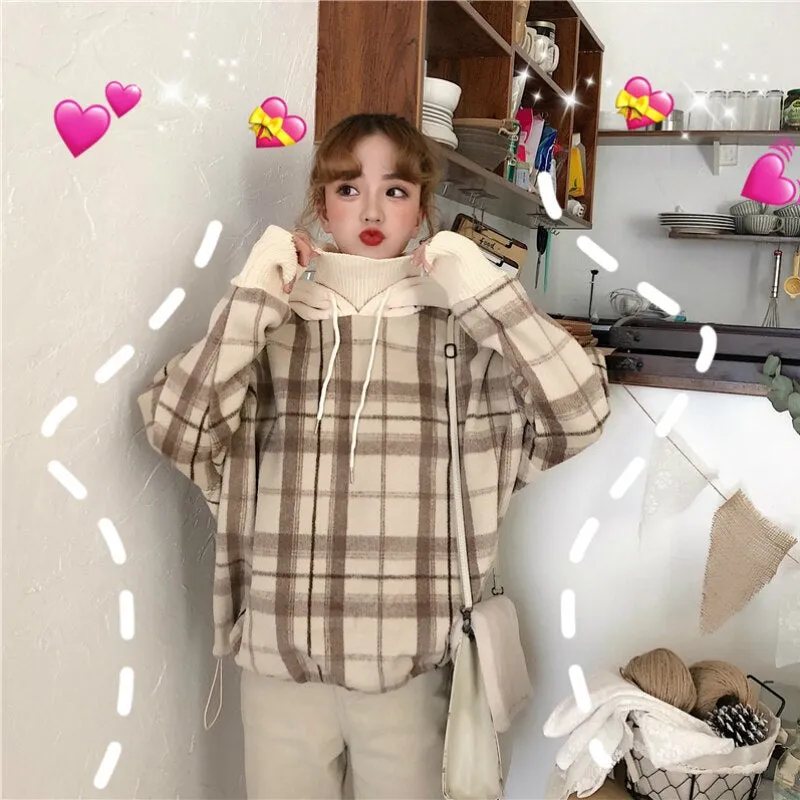 Fake Two Piece Plaid Hooded Turtleneck Sweater