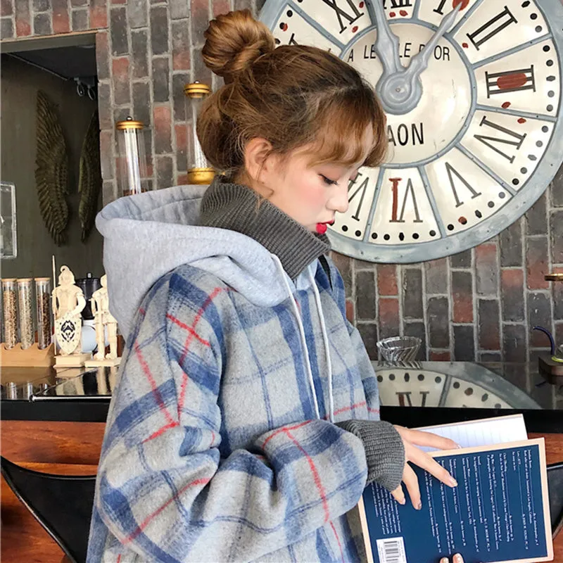 Fake Two Piece Plaid Hooded Turtleneck Sweater