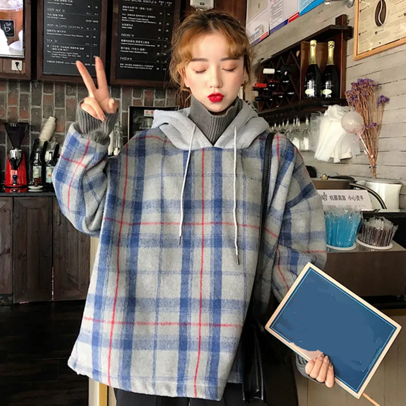 Fake Two Piece Plaid Hooded Turtleneck Sweater