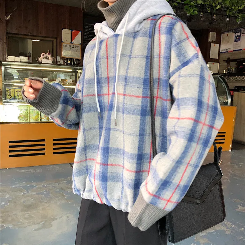 Fake Two Piece Plaid Hooded Turtleneck Sweater