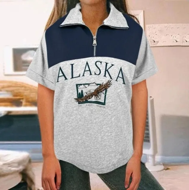 Fashion women's cotton Stand collar half zipper letter printing long sleeve sweatshirts Vintage Grey casual loose sweatshirt