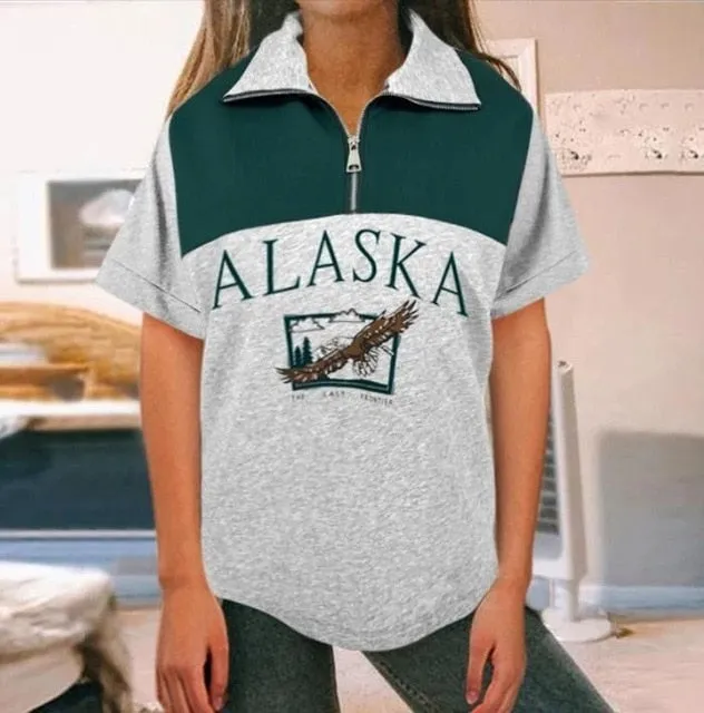 Fashion women's cotton Stand collar half zipper letter printing long sleeve sweatshirts Vintage Grey casual loose sweatshirt